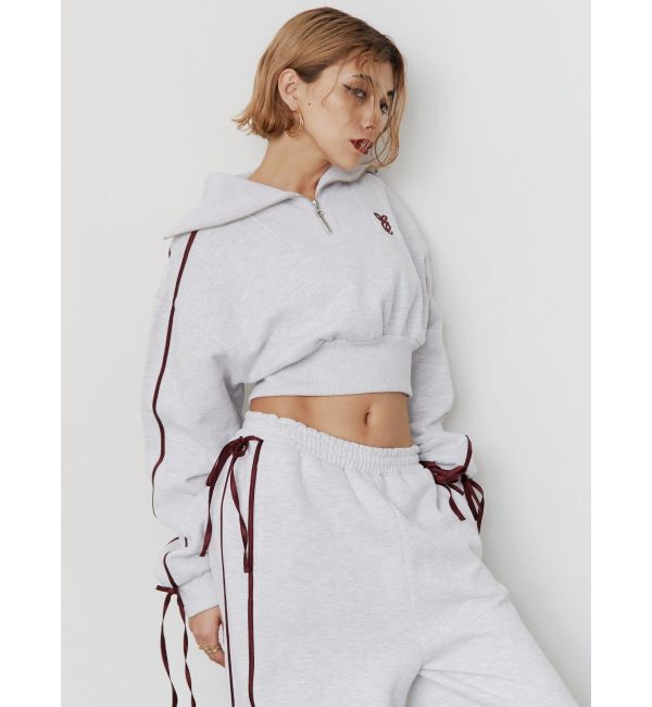 EVRIS「リボンスリーブハーフZIPショートスウェットトップス【セットアップ着用可能】」|スウェット・ジャージ|