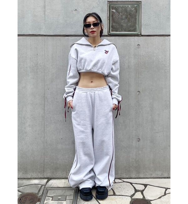 EVRIS「リボンスリーブハーフZIPショートスウェットトップス【セットアップ着用可能】」|スウェット・ジャージ|