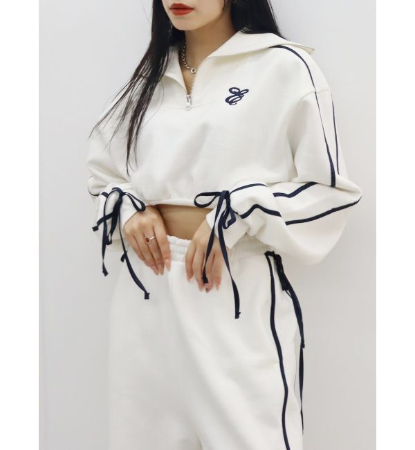 EVRIS「リボンスリーブハーフZIPショートスウェットトップス【セットアップ着用可能】」|スウェット・ジャージ|