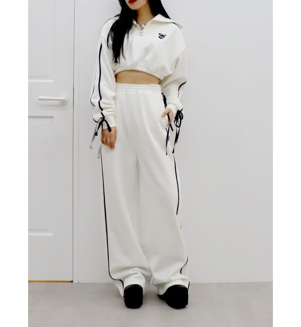 EVRIS「リボンスリーブハーフZIPショートスウェットトップス【セットアップ着用可能】」|スウェット・ジャージ|