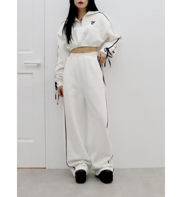 EVRIS「リボンスリーブハーフZIPショートスウェットトップス【セットアップ着用可能】」|スウェット・ジャージ|