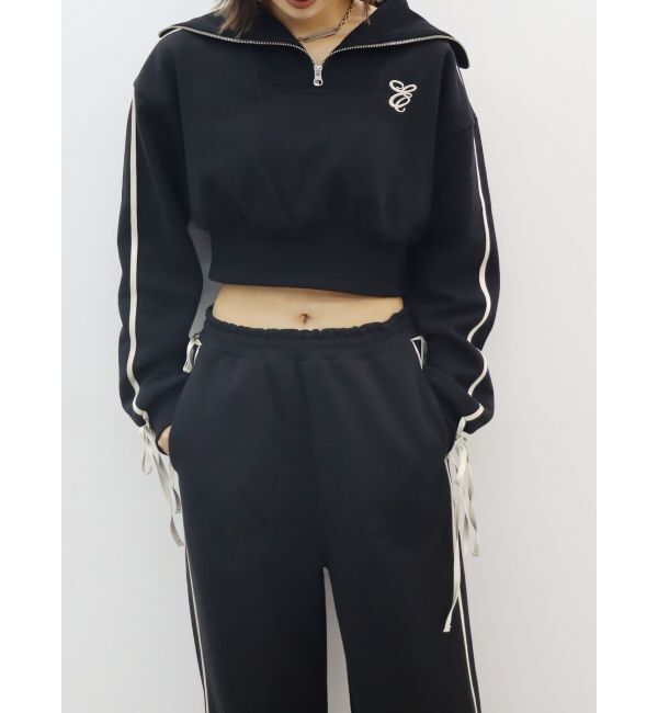 EVRIS「リボンスリーブハーフZIPショートスウェットトップス【セットアップ着用可能】」|スウェット・ジャージ|