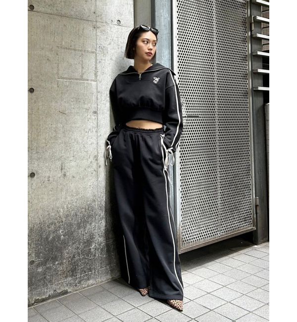 EVRIS「リボンスリーブハーフZIPショートスウェットトップス【セットアップ着用可能】」|スウェット・ジャージ|