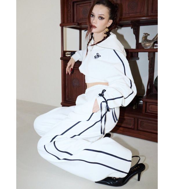 EVRIS「リボンスリーブハーフZIPショートスウェットトップス【セットアップ着用可能】」|スウェット・ジャージ|