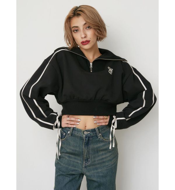 EVRIS「リボンスリーブハーフZIPショートスウェットトップス【セットアップ着用可能】」|スウェット・ジャージ|