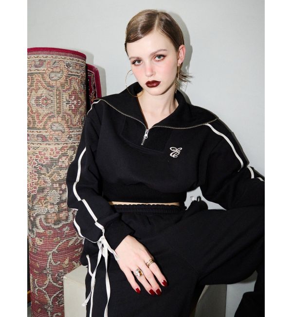 EVRIS「リボンスリーブハーフZIPショートスウェットトップス【セットアップ着用可能】」|スウェット・ジャージ|