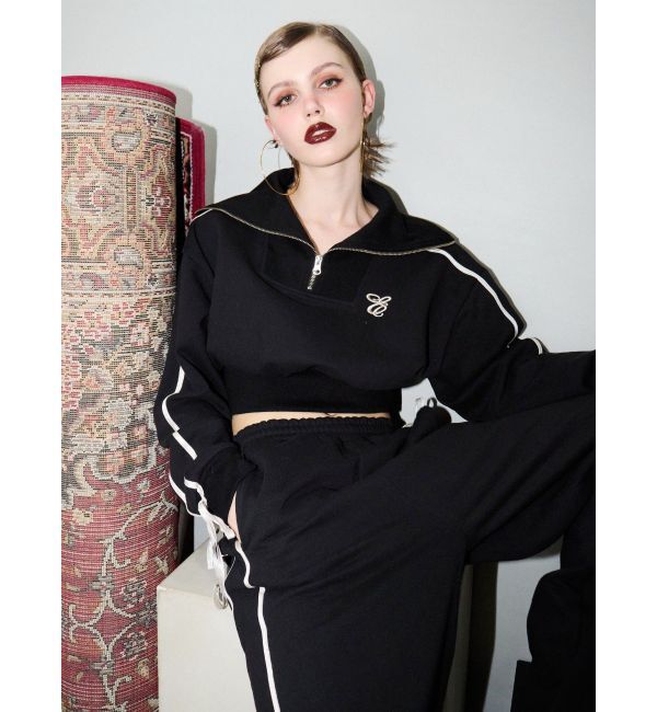 EVRIS「リボンスリーブハーフZIPショートスウェットトップス【セットアップ着用可能】」|スウェット・ジャージ|