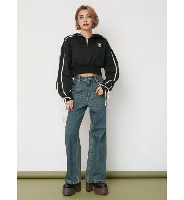 EVRIS「リボンスリーブハーフZIPショートスウェットトップス【セットアップ着用可能】」|スウェット・ジャージ|