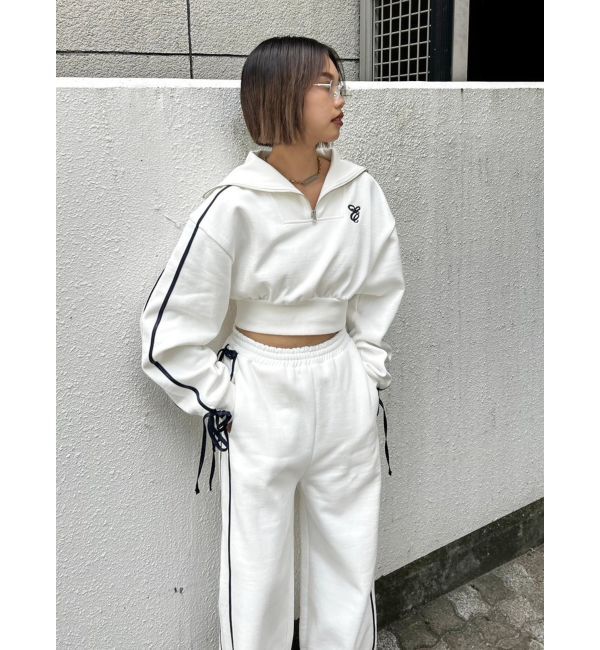 EVRIS「リボンスリーブハーフZIPショートスウェットトップス【セットアップ着用可能】」|スウェット・ジャージ|