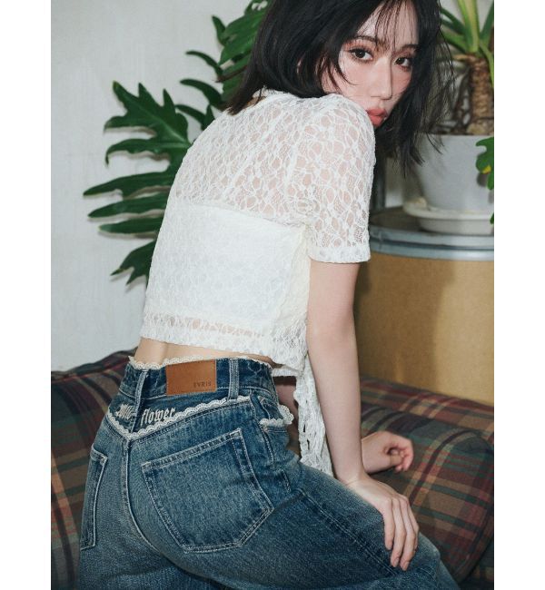 EVRIS「レースグラフィックワイドデニムパンツ」|デニム|