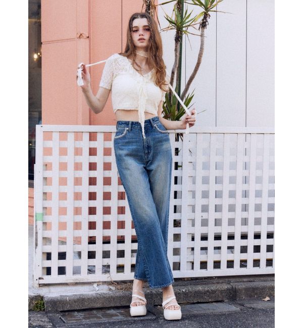 EVRIS「レースグラフィックワイドデニムパンツ」|デニム|