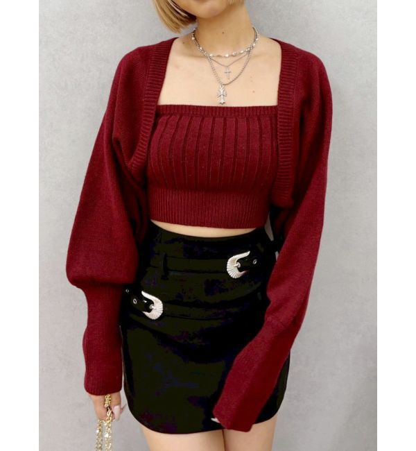 EVRIS「ビジューアンサンブルニットトップス」|ニット・セーター|レッド