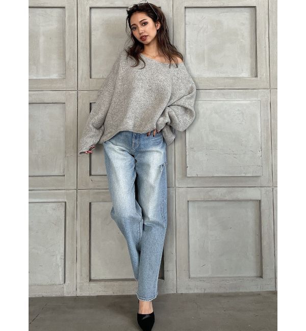 GYDA「ハイウエスト DEEP SIDE BACK DAMAGE ワイド デニムパンツ」|デニム|