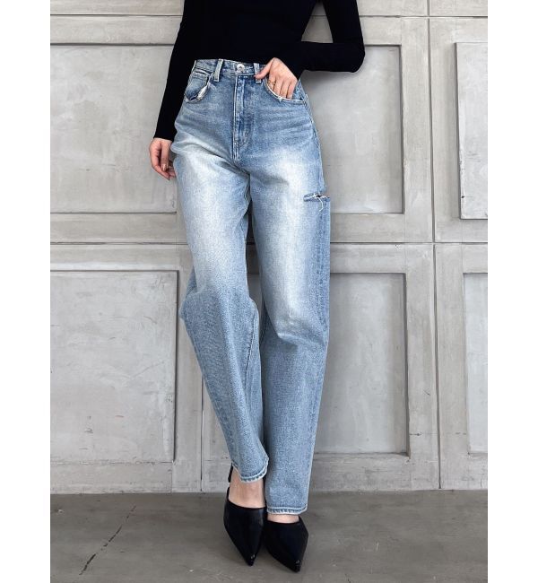 GYDA「ハイウエスト DEEP SIDE BACK DAMAGE ワイド デニムパンツ」|デニム|アイスブルー