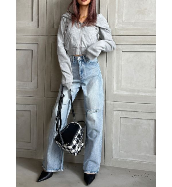 GYDA「【TINY】ハイウエストKNEEダメージワイドデニムパンツ」|デニム|