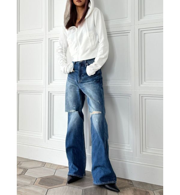 GYDA「【TINY】ハイウエストKNEEダメージワイドデニムパンツ」|デニム|