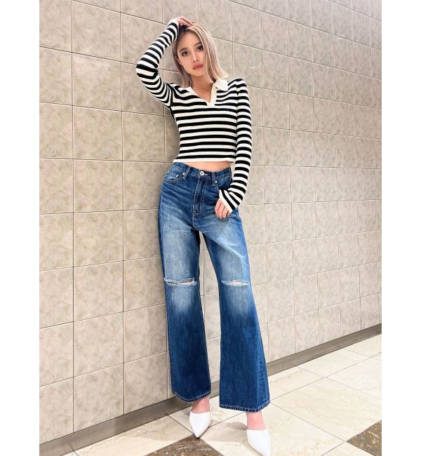 GYDA「【TINY】ハイウエストKNEEダメージワイドデニムパンツ」|デニム|