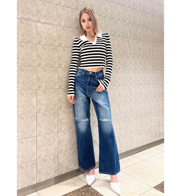 GYDA「【TINY】ハイウエストKNEEダメージワイドデニムパンツ」|デニム|