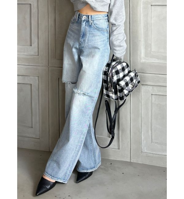 GYDA「【TINY】ハイウエストKNEEダメージワイドデニムパンツ」|デニム|アイスブルー