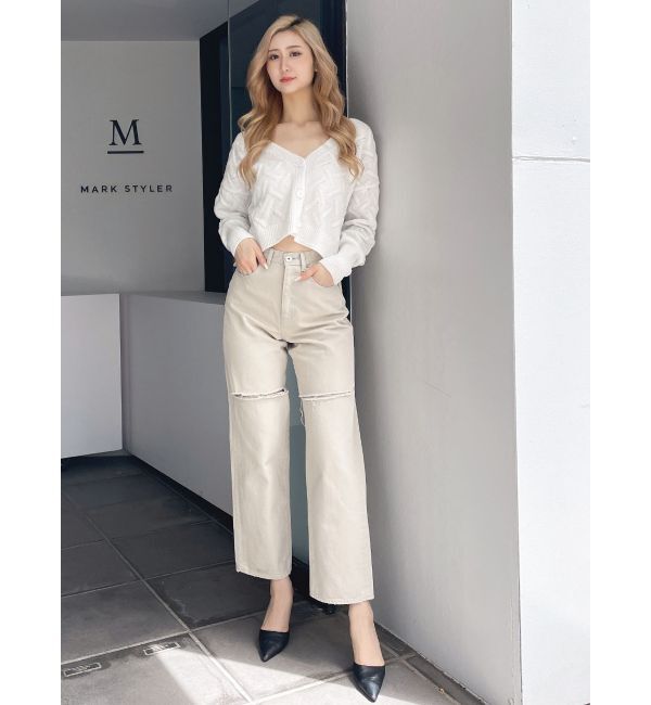 GYDA「ハイウエストfront and backダメージワイドデニムパンツ」|デニム|