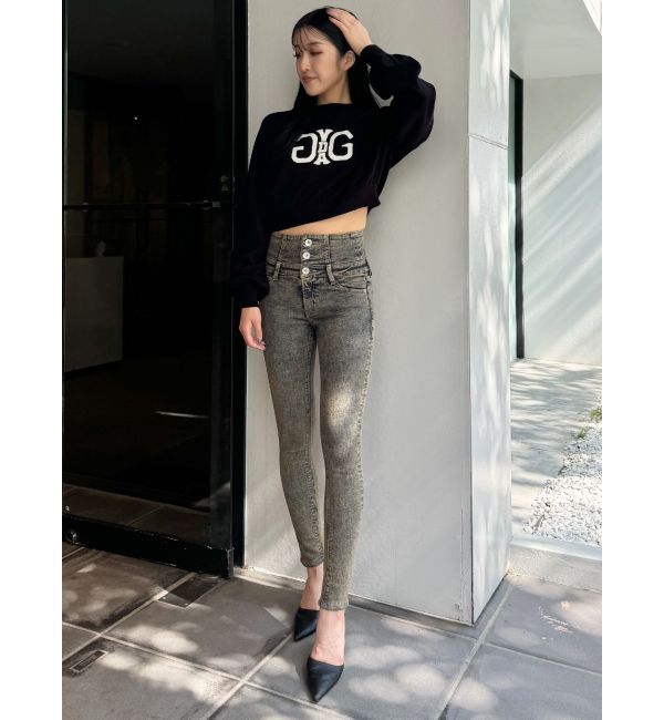 GYDA「ハイウエストBACKクロスUSEDケミカルウォッシュスキニーデニムパンツ」|デニム|