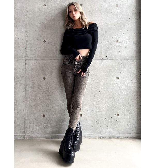 GYDA「ハイウエストBACKクロスUSEDケミカルウォッシュスキニーデニムパンツ」|デニム|