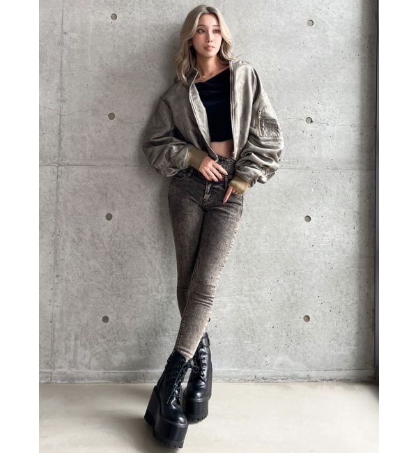 GYDA「ハイウエストBACKクロスUSEDケミカルウォッシュスキニーデニムパンツ」|デニム|