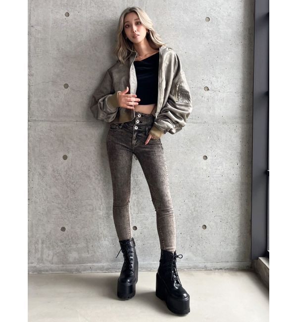 GYDA「ハイウエストBACKクロスUSEDケミカルウォッシュスキニーデニムパンツ」|デニム|