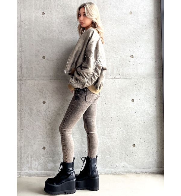 GYDA「ハイウエストBACKクロスUSEDケミカルウォッシュスキニーデニムパンツ」|デニム|