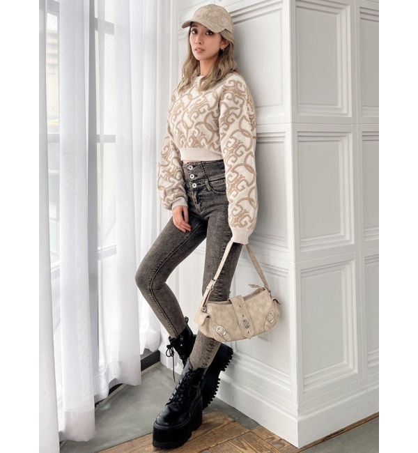 GYDA「ハイウエストBACKクロスUSEDケミカルウォッシュスキニーデニムパンツ」|デニム|