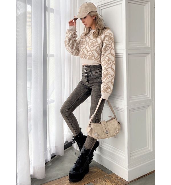 GYDA「ハイウエストBACKクロスUSEDケミカルウォッシュスキニーデニムパンツ」|デニム|