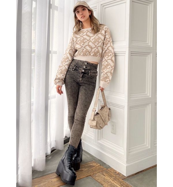 GYDA「ハイウエストBACKクロスUSEDケミカルウォッシュスキニーデニムパンツ」|デニム|