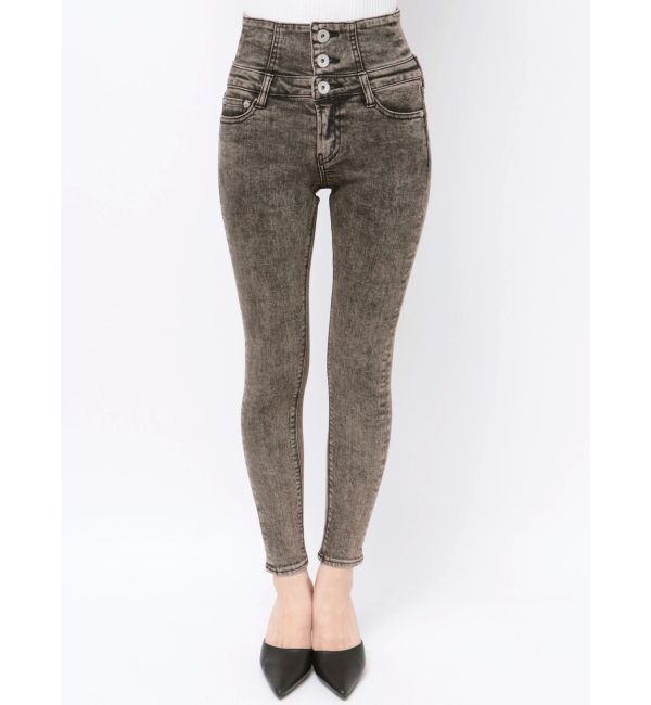 GYDA「ハイウエストBACKクロスUSEDケミカルウォッシュスキニーデニムパンツ」|デニム|