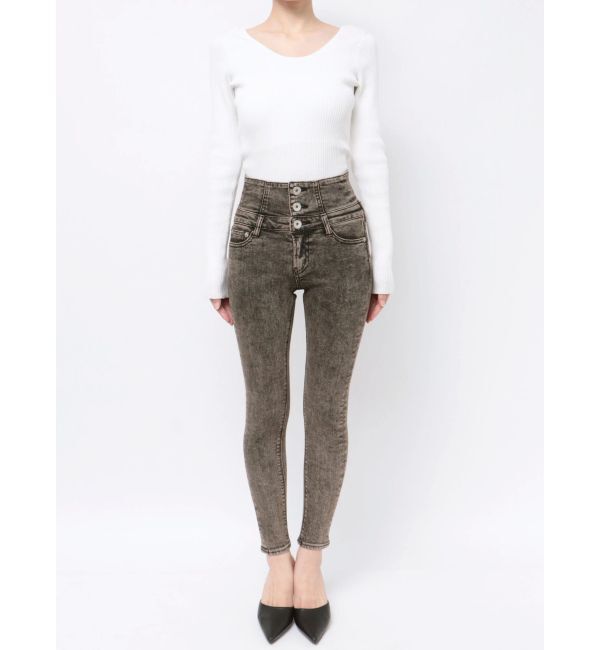 GYDA「ハイウエストBACKクロスUSEDケミカルウォッシュスキニーデニムパンツ」|デニム|