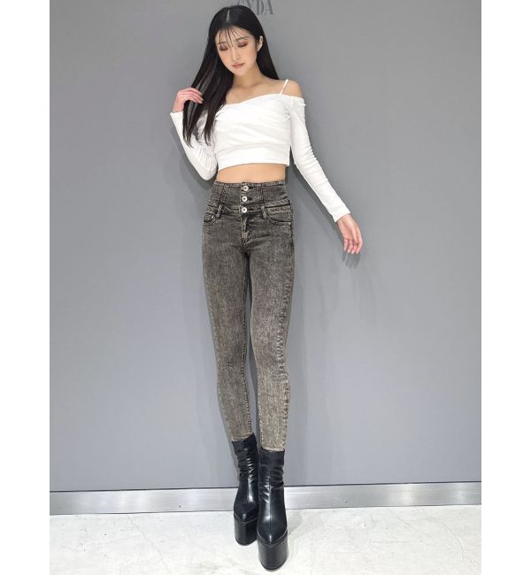 GYDA「ハイウエストBACKクロスUSEDケミカルウォッシュスキニーデニムパンツ」|デニム|