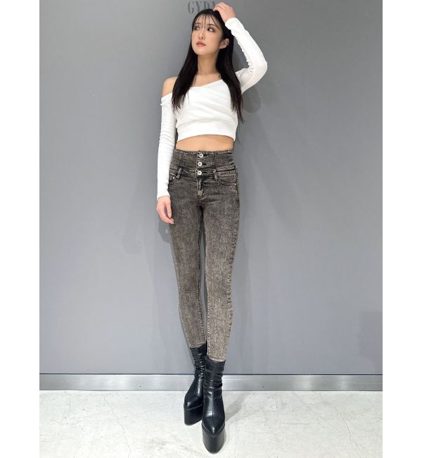 GYDA「ハイウエストBACKクロスUSEDケミカルウォッシュスキニーデニムパンツ」|デニム|