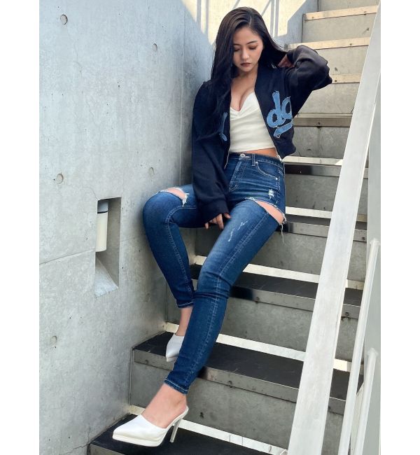 GYDA「ミドルウエストSIDE RIPPEDスキニーデニムパンツ」|デニム|