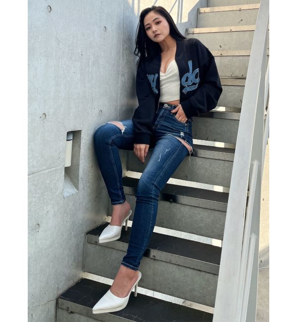 GYDA「ミドルウエストSIDE RIPPEDスキニーデニムパンツ」|デニム|