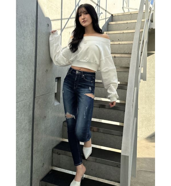 GYDA「ミドルウエストSIDE RIPPEDスキニーデニムパンツ」|デニム|