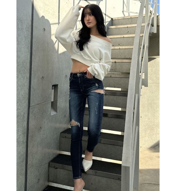 GYDA「ミドルウエストSIDE RIPPEDスキニーデニムパンツ」|デニム|