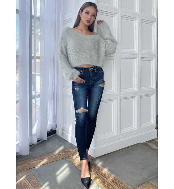 GYDA「ミドルウエストSIDE RIPPEDスキニーデニムパンツ」|デニム|