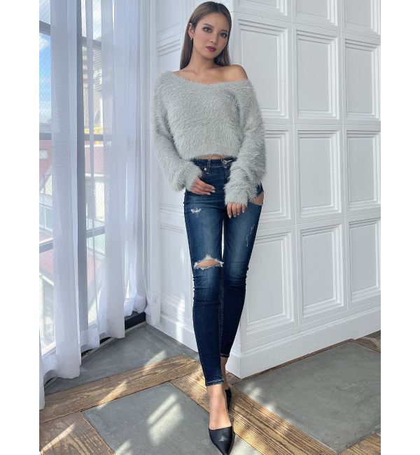 GYDA「ミドルウエストSIDE RIPPEDスキニーデニムパンツ」|デニム|