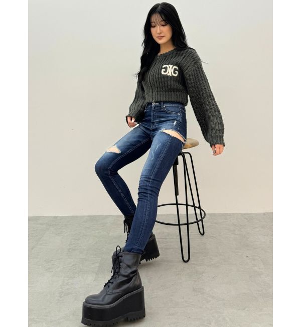 GYDA「ミドルウエストSIDE RIPPEDスキニーデニムパンツ」|デニム|