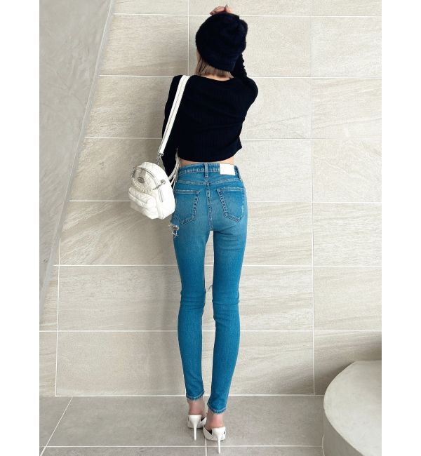 GYDA「ミドルウエストSIDE RIPPEDスキニーデニムパンツ」|デニム|