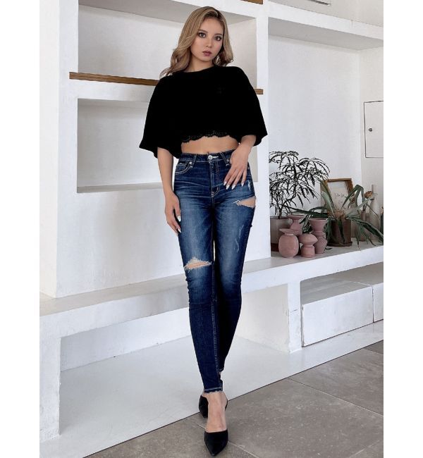 GYDA「ミドルウエストSIDE RIPPEDスキニーデニムパンツ」|デニム|