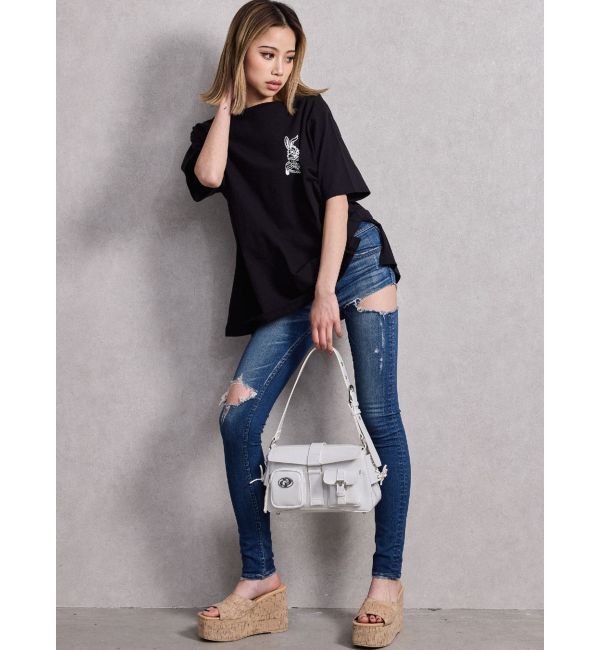 GYDA「ミドルウエストSIDE RIPPEDスキニーデニムパンツ」|デニム|