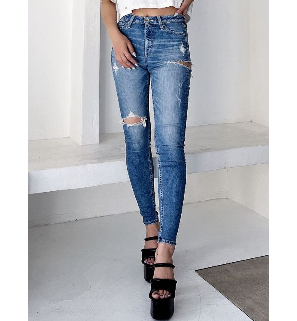 GYDA「ミドルウエストSIDE RIPPEDスキニーデニムパンツ」|デニム|アイスブルー