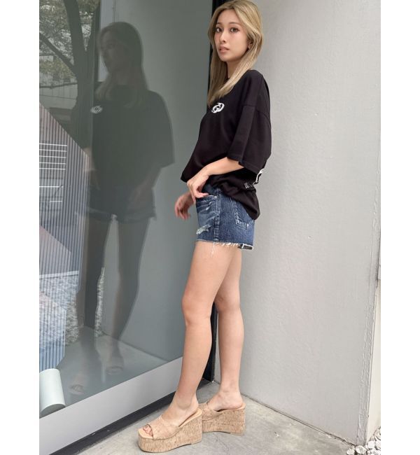 GYDA「ハイウエストBACK RIPPEDデニムショートパンツ」|デニム|