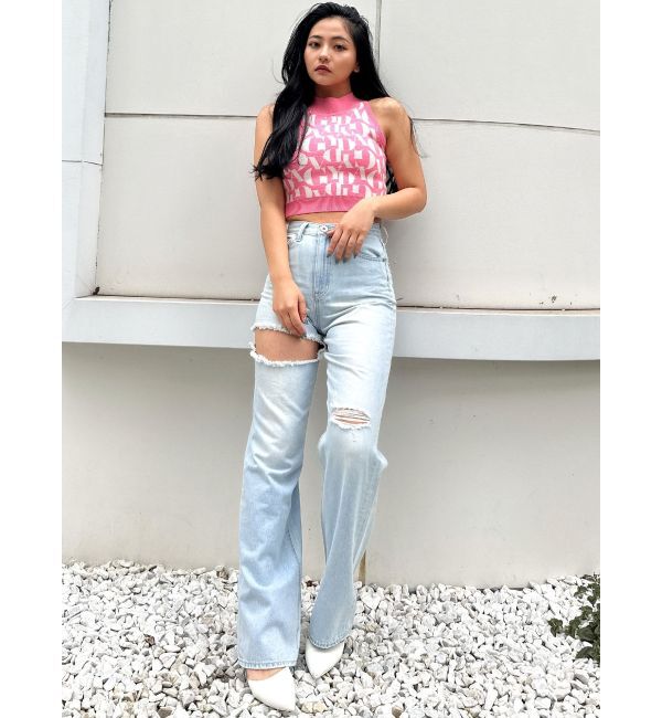 GYDA「ハイウエストSIDE RIPPEDストレートワイドデニムパンツ」|デニム|