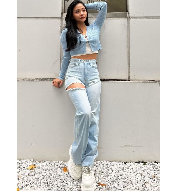 GYDA「ハイウエストSIDE RIPPEDストレートワイドデニムパンツ」|デニム|